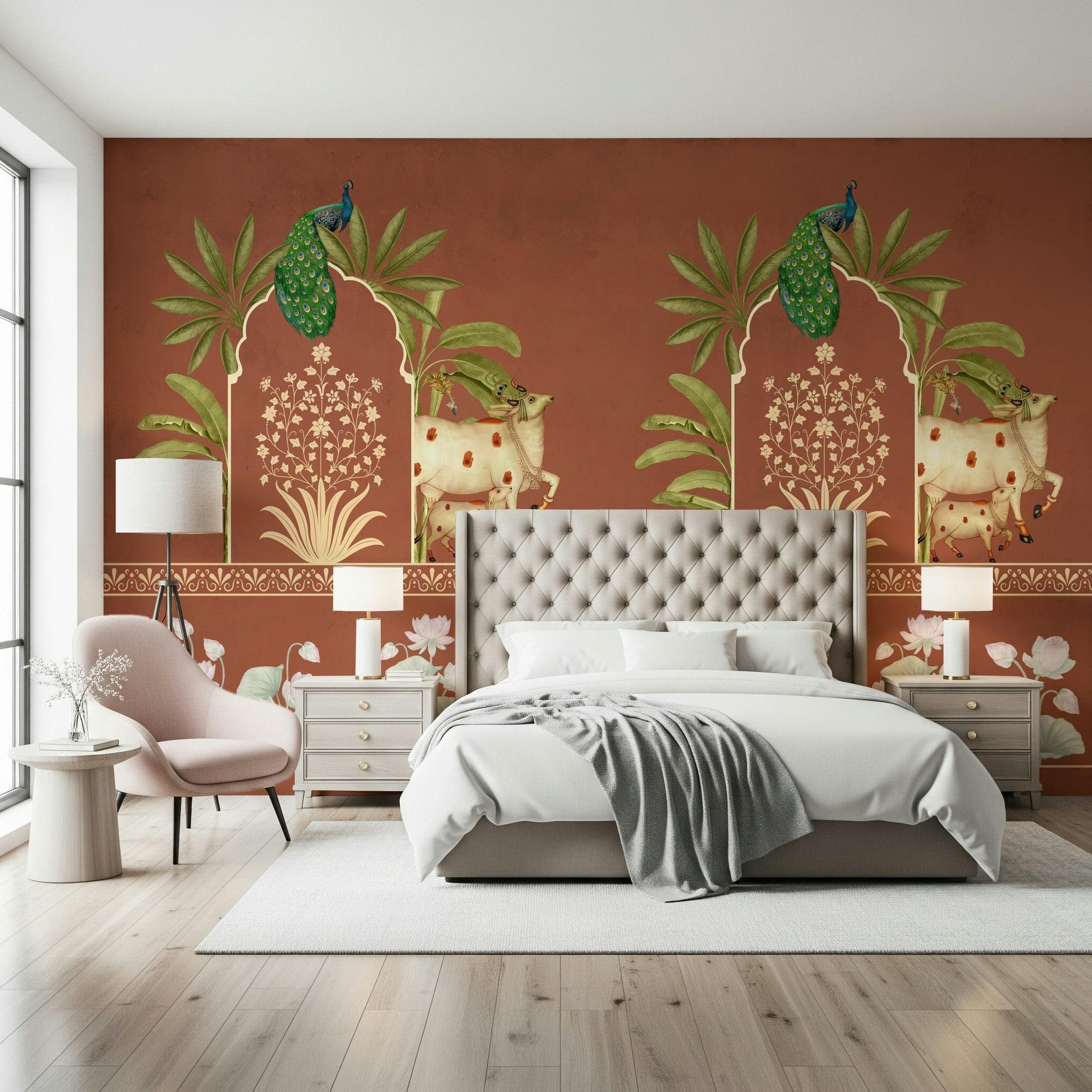 Traditional Indian pichwai style mural for dining room, lotus and temple motifs in deep color palette, GD7523