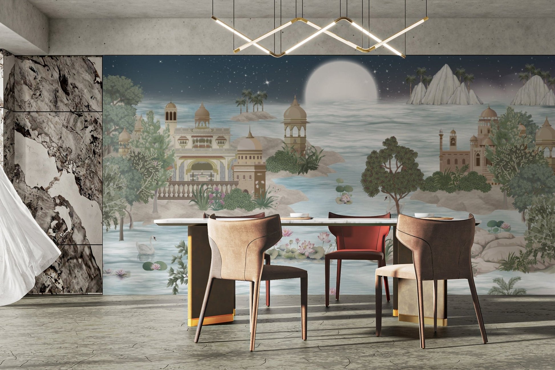 Elegant Indian palace mural with moonlit gardens