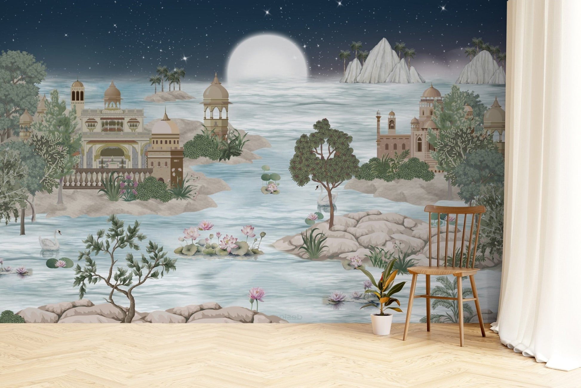 Dreamy palace scene with domes under starlit sky