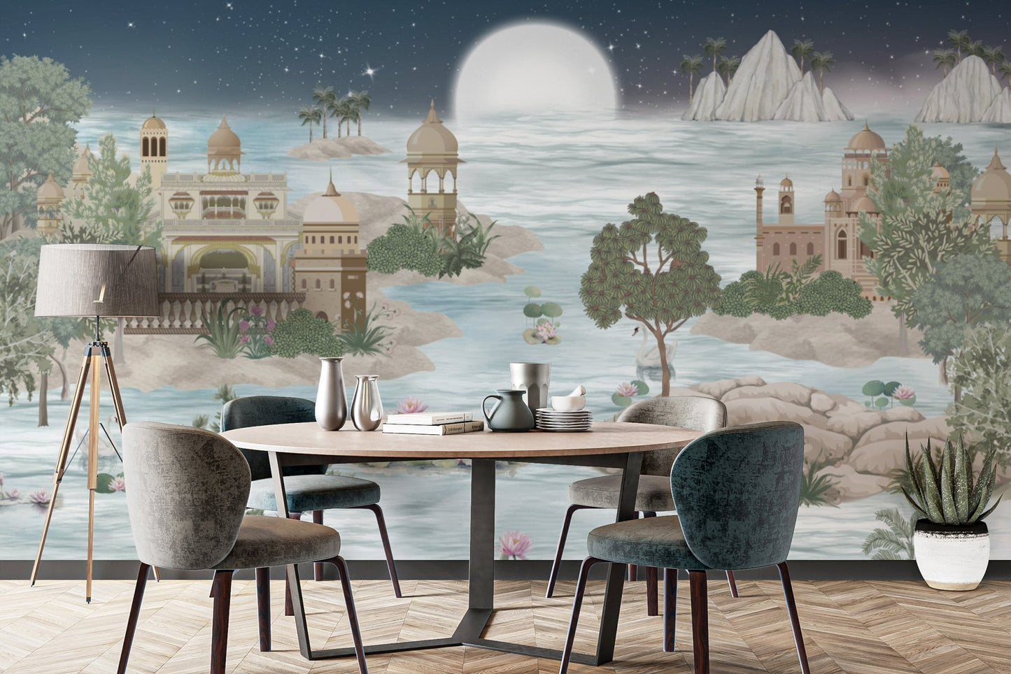 Luxury Indian wallpaper featuring moonlit architecture