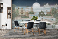 Serene palace scene with lotus pond and palm trees