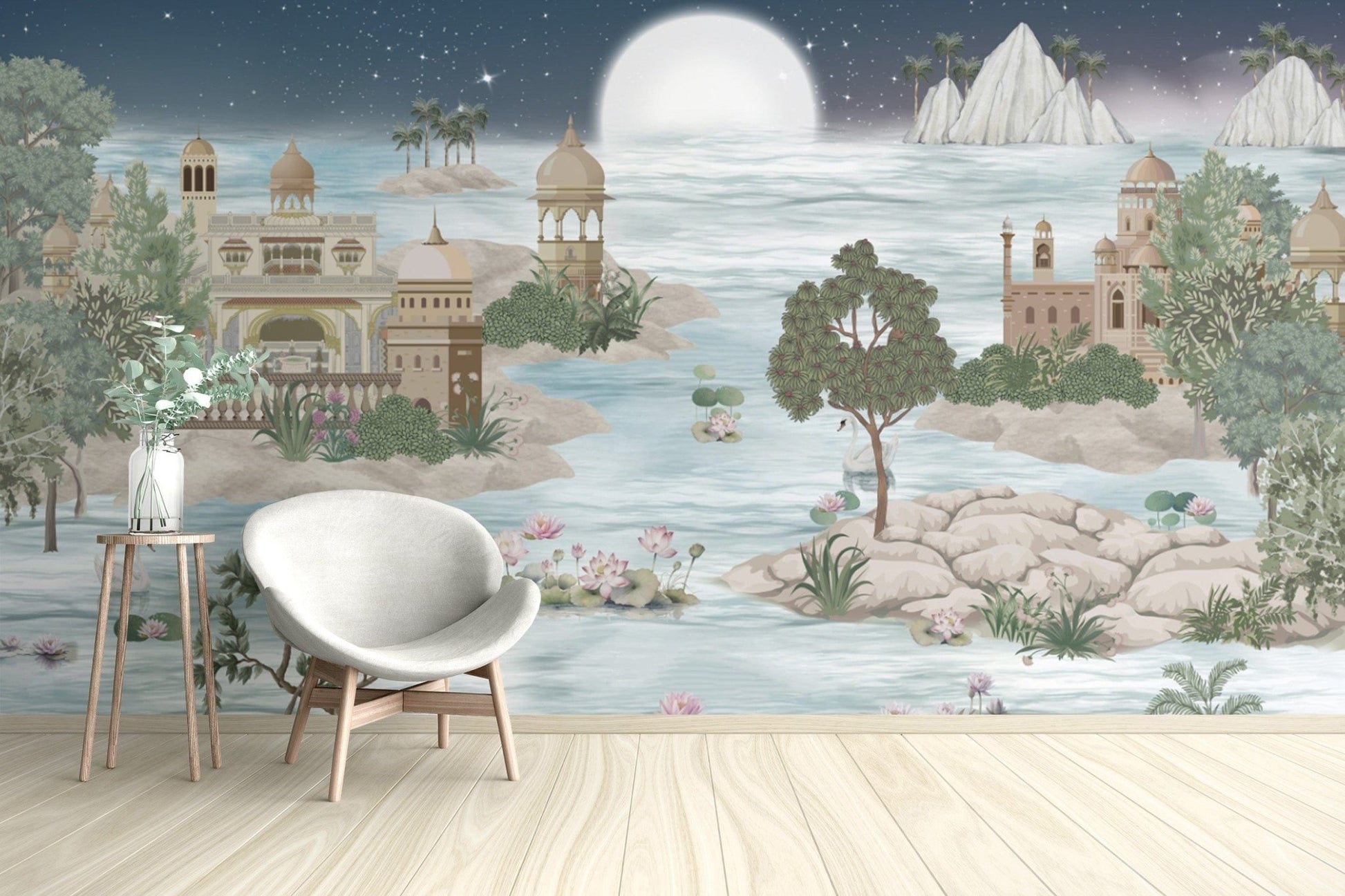 Mystical Indian architecture under glowing full moon