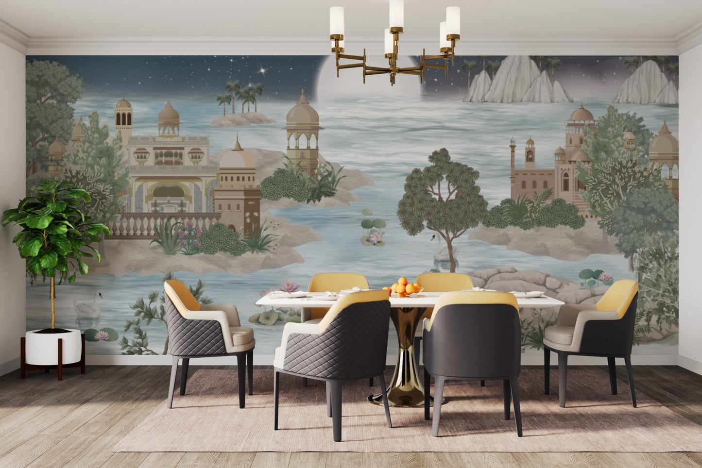 Night palace landscape with water features and stars