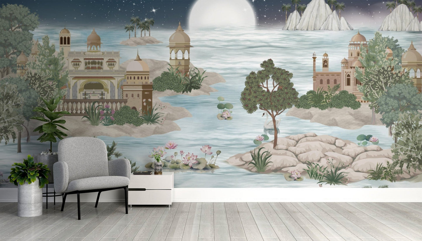 Indian palace mural with moonlit lake and lotus flowers