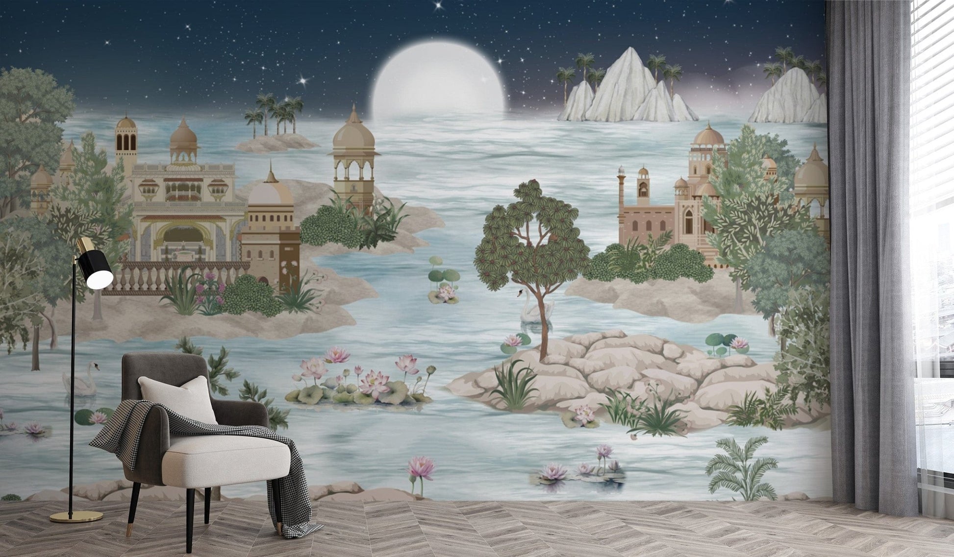 Moonlit palace wallpaper with tranquil water scene