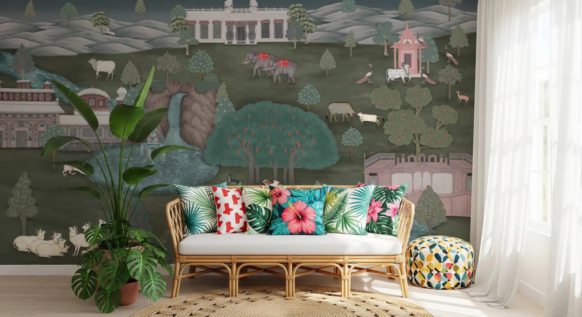 Colourful bench corner paired with Royal Wilderness Tapestry Wall Mural backdrop