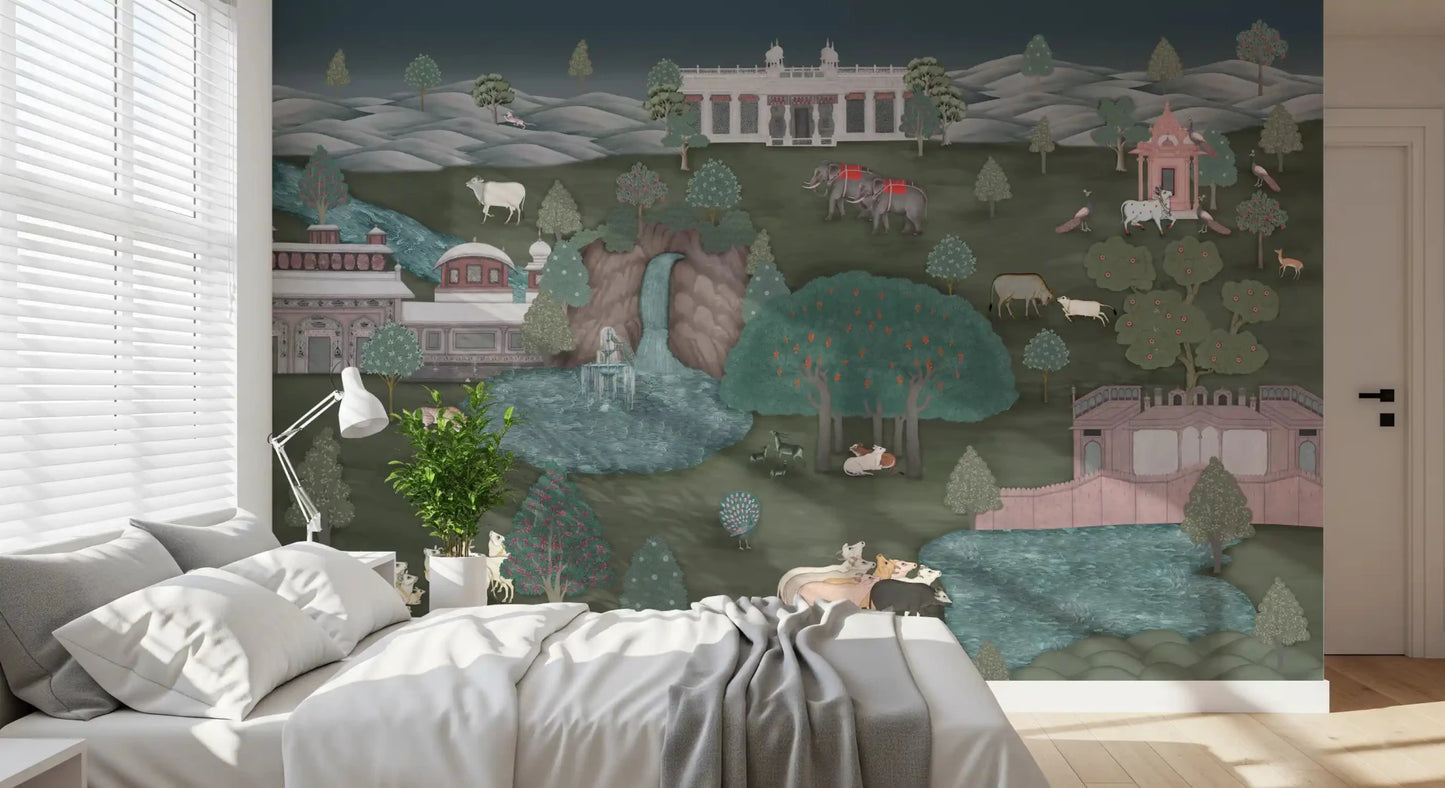 Royal Wilderness Tapestry Wall Mural placed behind a bed in a modern bedroom
