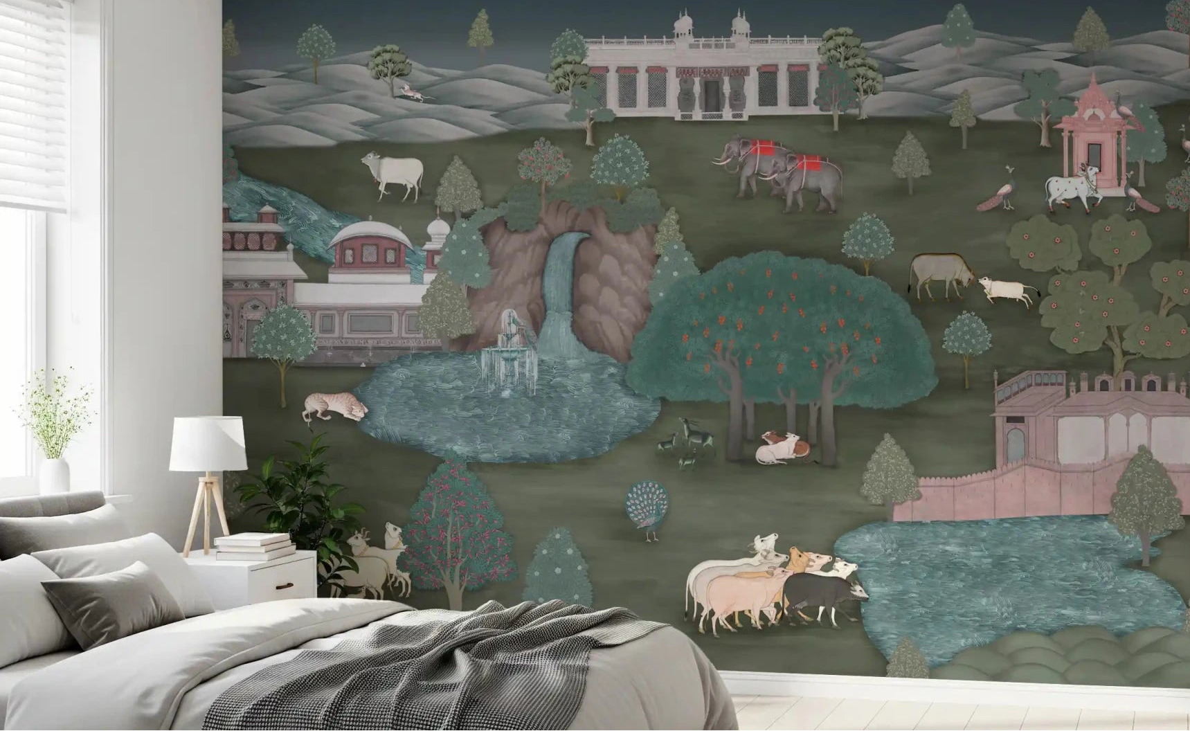 Royal Wilderness Tapestry Wall Mural across a soft bedroom wall with layered palace views