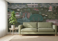 Green sofa setting framed by Royal Wilderness Tapestry Wall Mural in a calm lounge