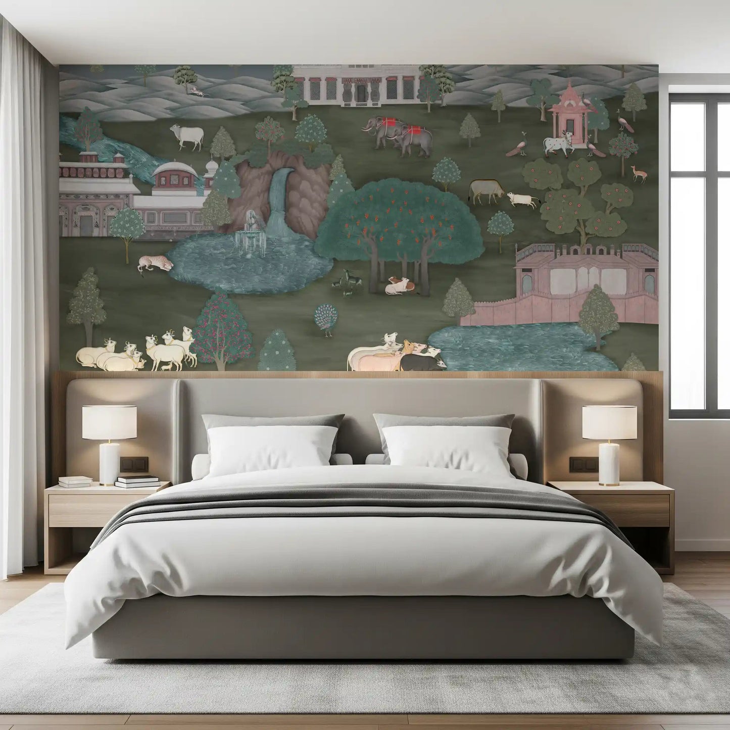 Royal Wilderness Tapestry Wall Mural placed behind a bed in a modern bedroom