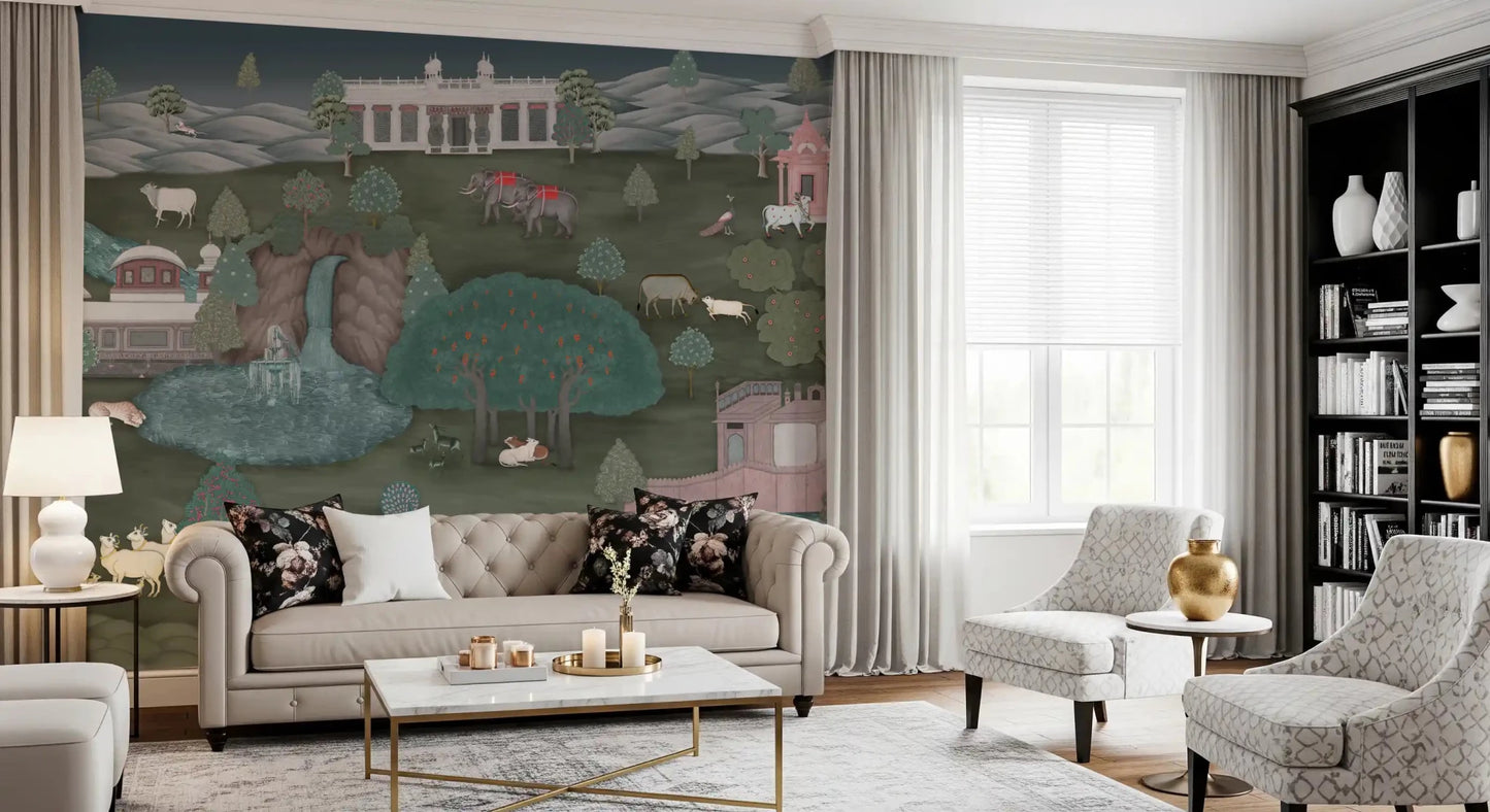 Bright living room opened up with Royal Wilderness Tapestry Wall Mural scenery