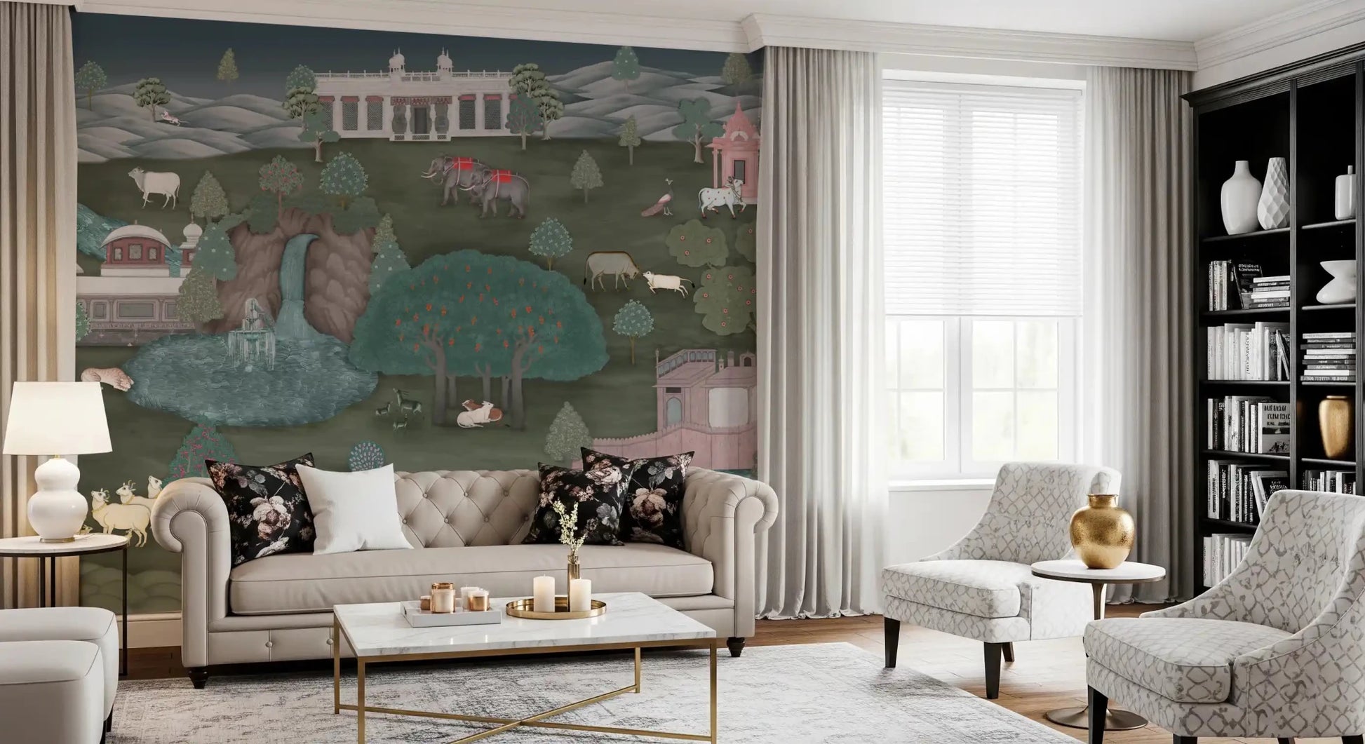 Bright living room opened up with Royal Wilderness Tapestry Wall Mural scenery