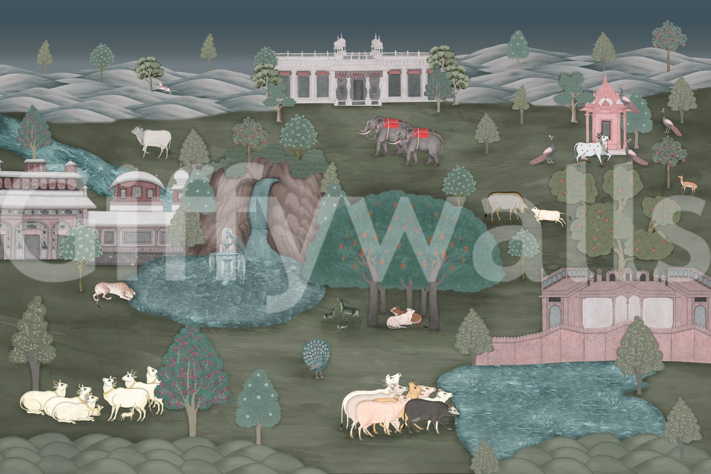 Heritage Royal Wilderness Tapestry Wall Mural with lakeside animals and hills