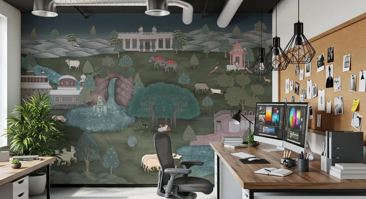 Workplace  backdrop using Royal Wilderness Tapestry Wall Mural in moody palace tones