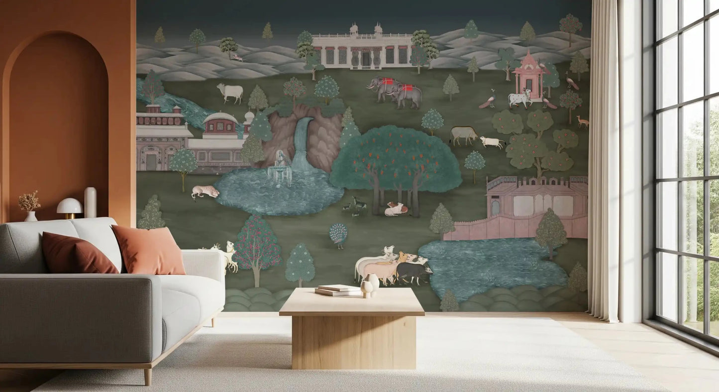 Hallway dressed in Royal Wilderness Tapestry Wall Mural garden scene