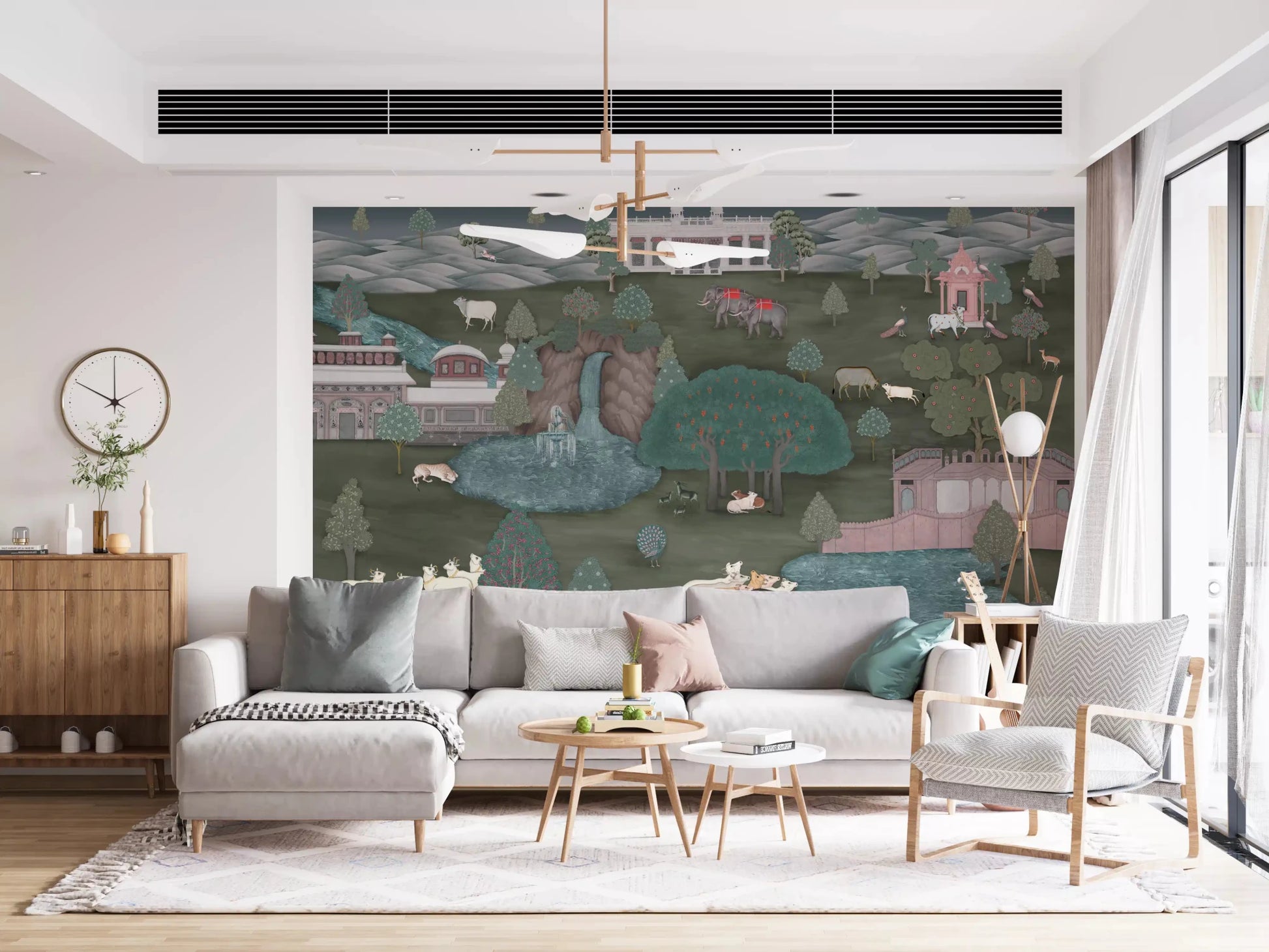 White sofa room finished with Royal Wilderness Tapestry Wall Mural and lake detail