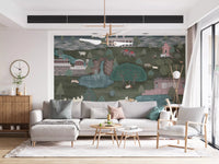 White sofa room finished with Royal Wilderness Tapestry Wall Mural and lake detail