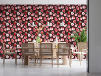 Dining room styled in Ruby Harvest Retro Wallpaper with ruby pears and berries