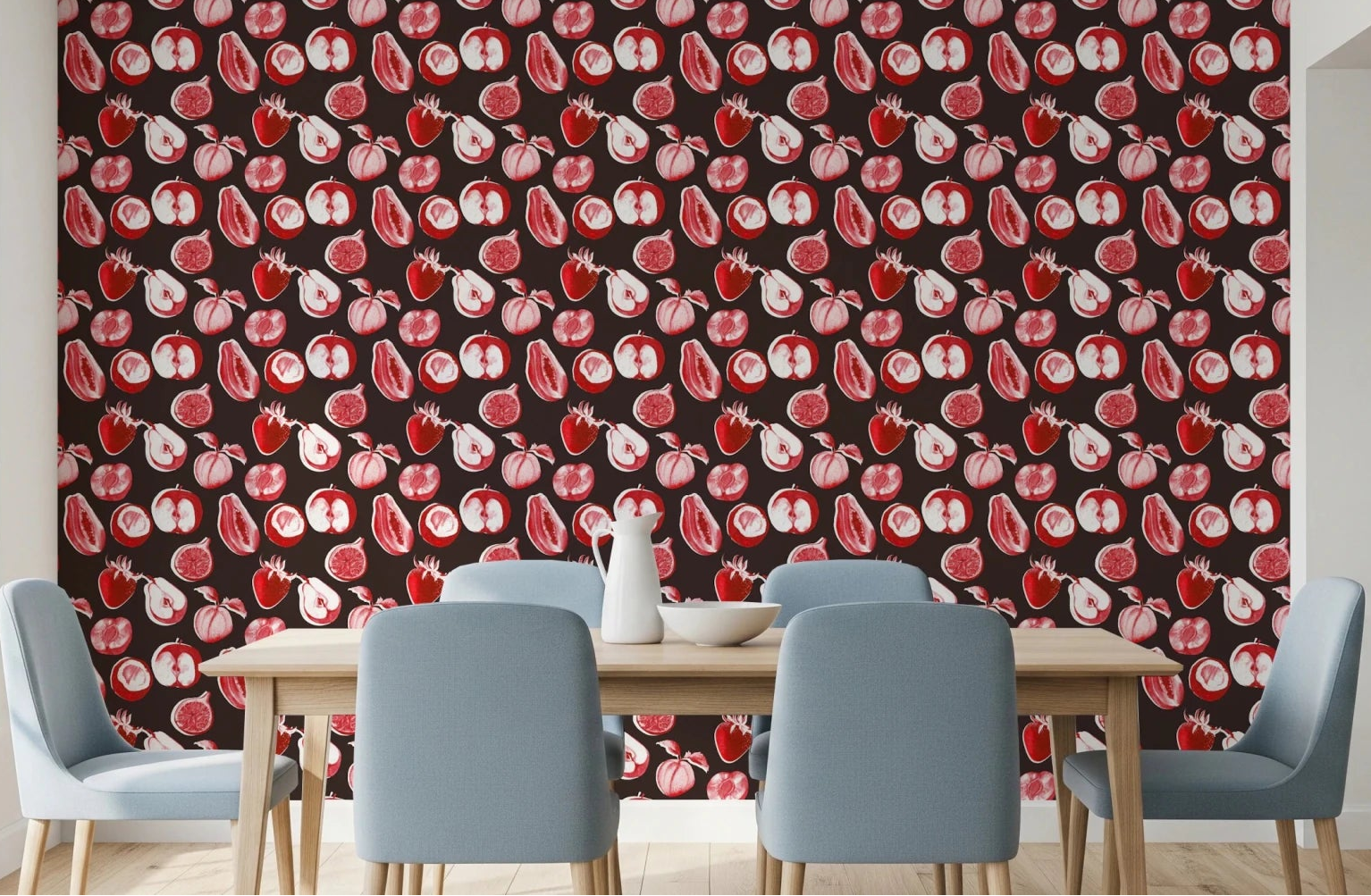 Dining area styled in Ruby Harvest fruits Wallpaper with vintage fruit sketches, GD8803