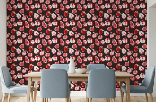 Dining area styled in Ruby Harvest fruits Wallpaper with vintage fruit sketches