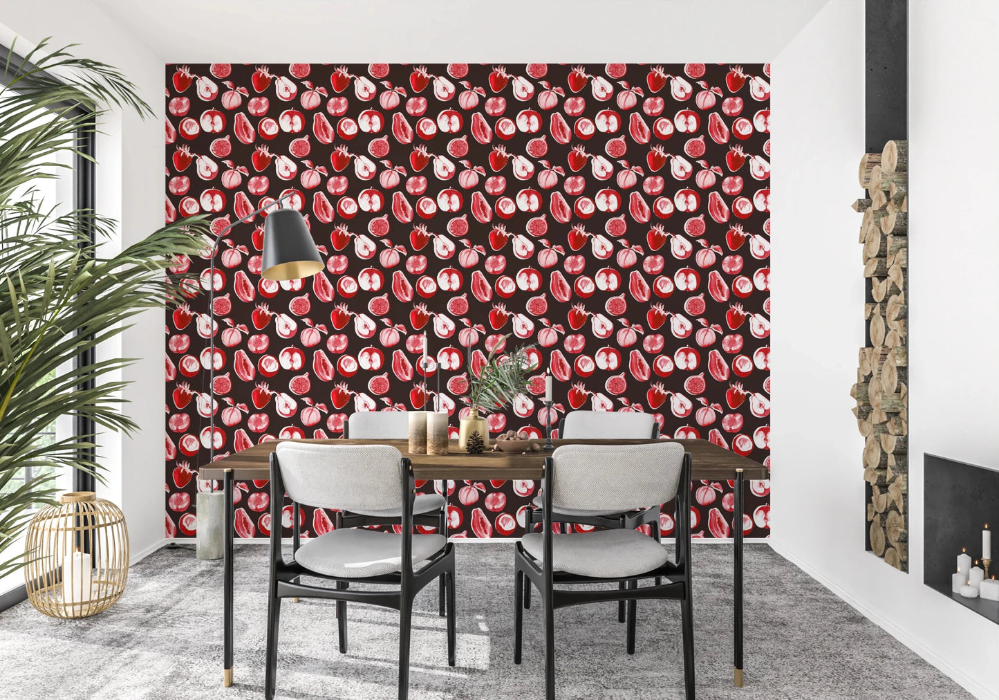 Cafe area with Ruby Harvest Retro Wallpaper on a rich dark background