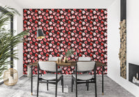 Cafe area with Ruby Harvest Retro Wallpaper on a rich dark background
