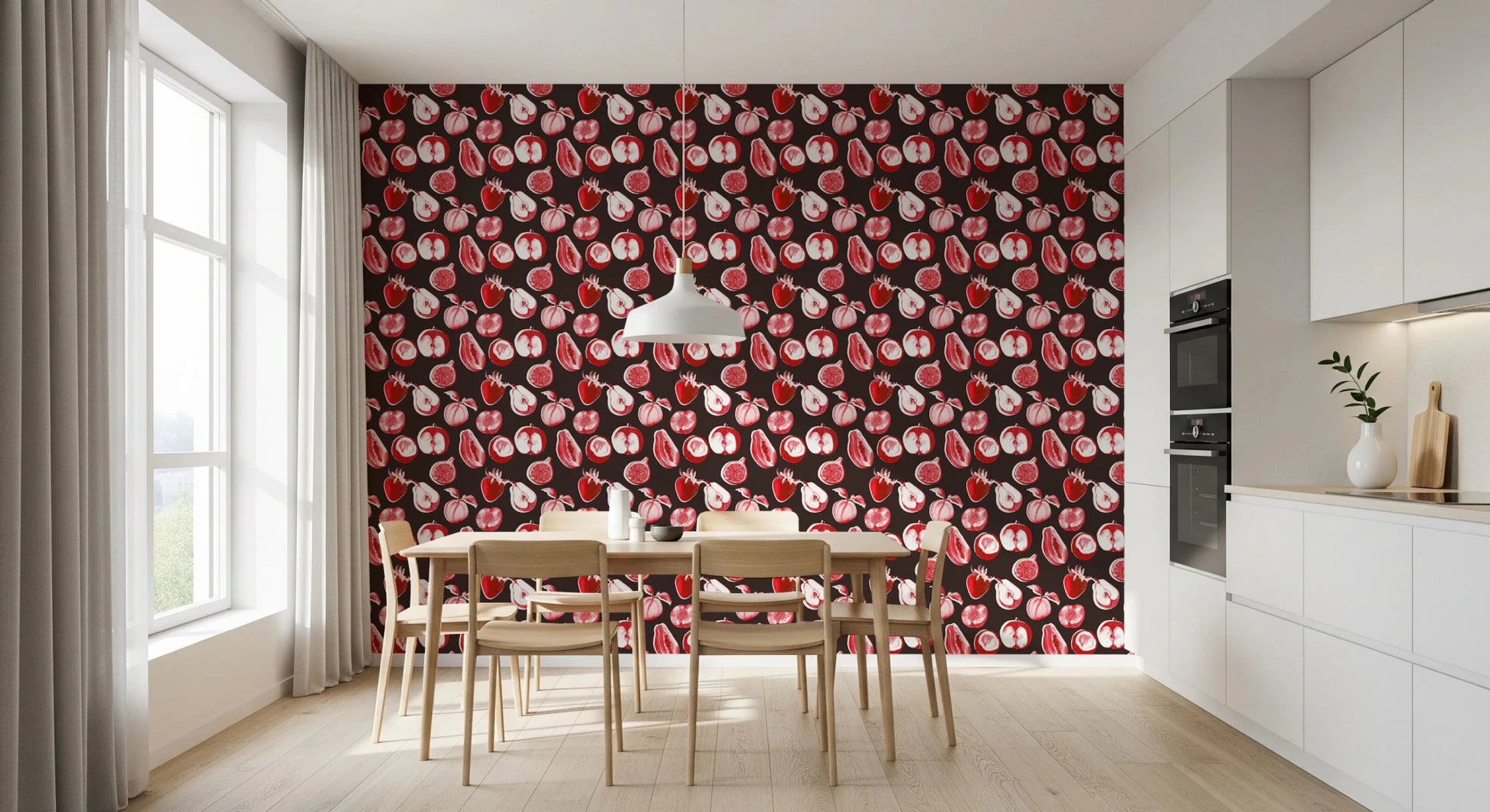 Hand-drawn fruit shapes define this Ruby Harvest summer fruits kitchen area Wallpaper