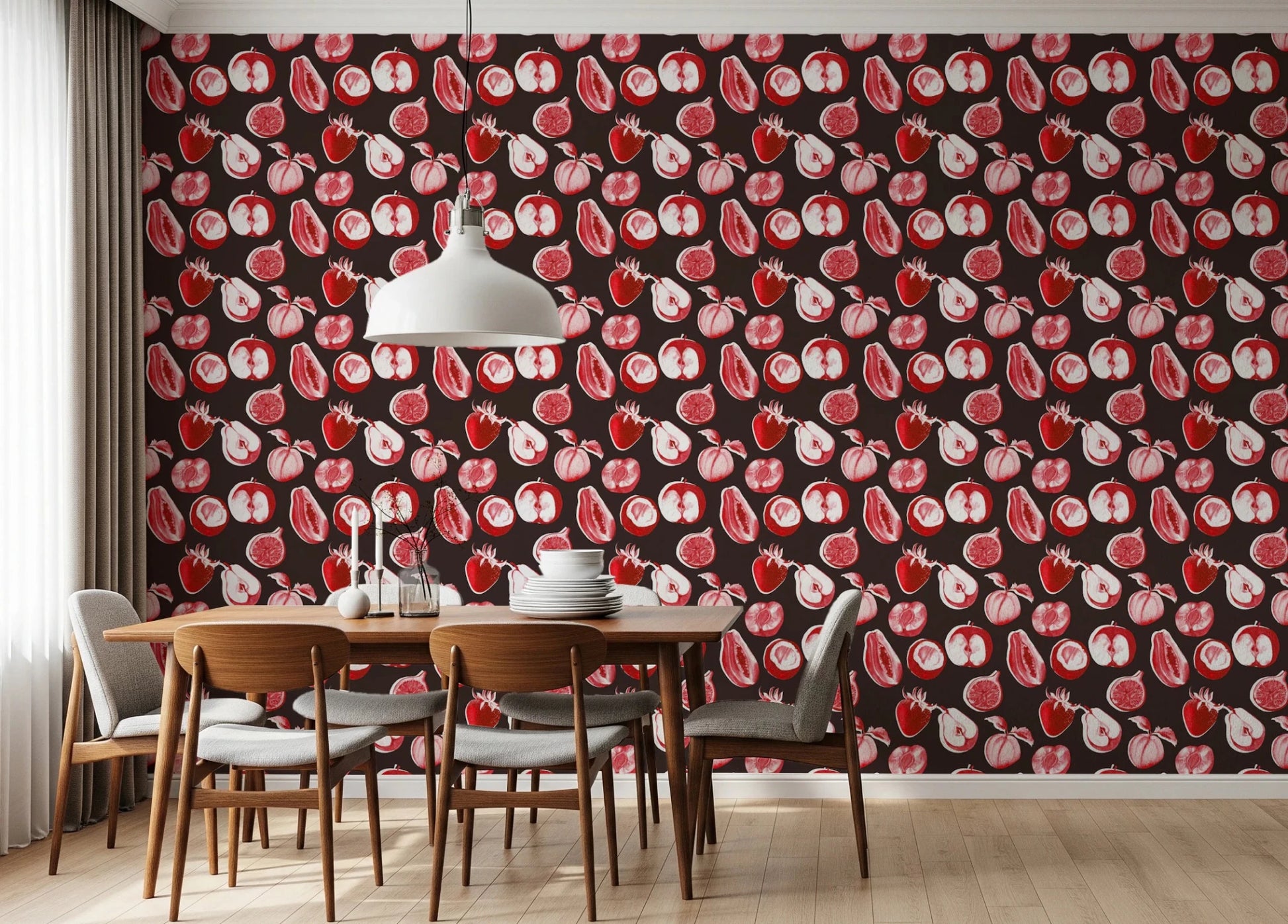 Dining room with Ruby Harvest Retro summer fruits Wallpaper and illustrated fruit repeat
