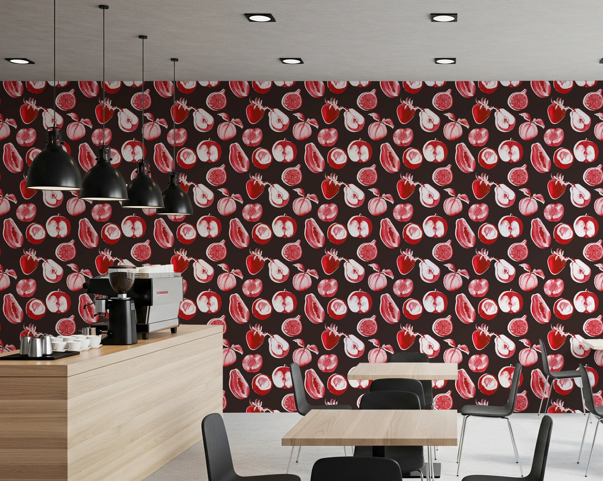 Pears, citrus, and strawberries fill this Ruby Harvest Retro Wallpaper design