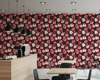 Pears, citrus, and strawberries fill this Ruby Harvest Retro Wallpaper design