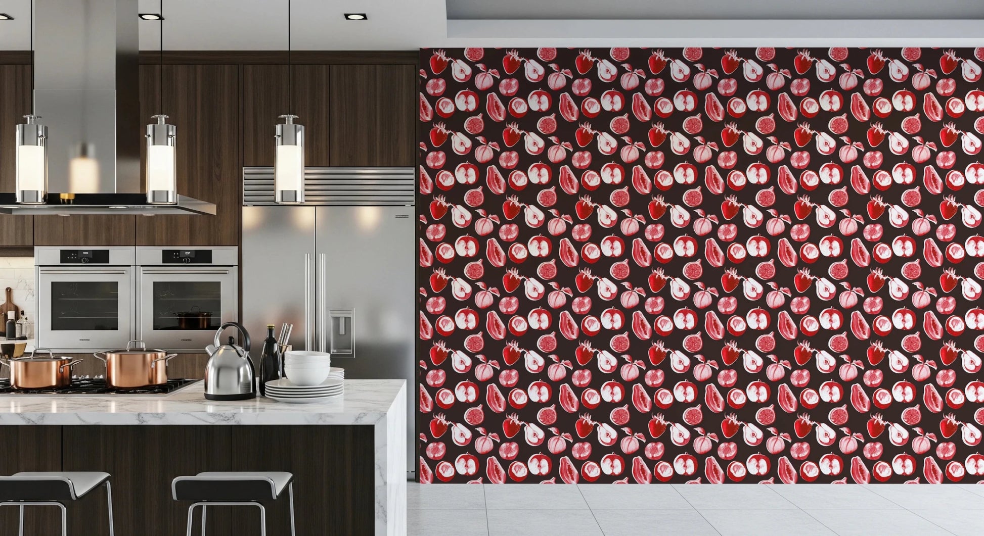 This Ruby Harvest Retro summer fruits Wallpaper has a bold printed finish