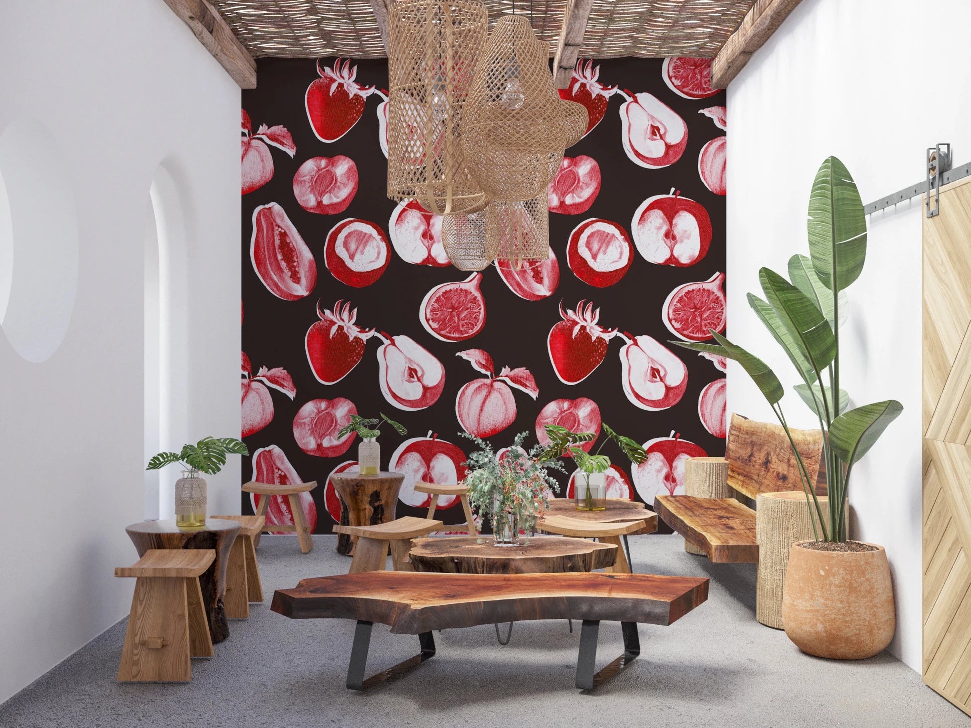 Cafe with Retro Fruit Harvest wall mural on a dark backdrop