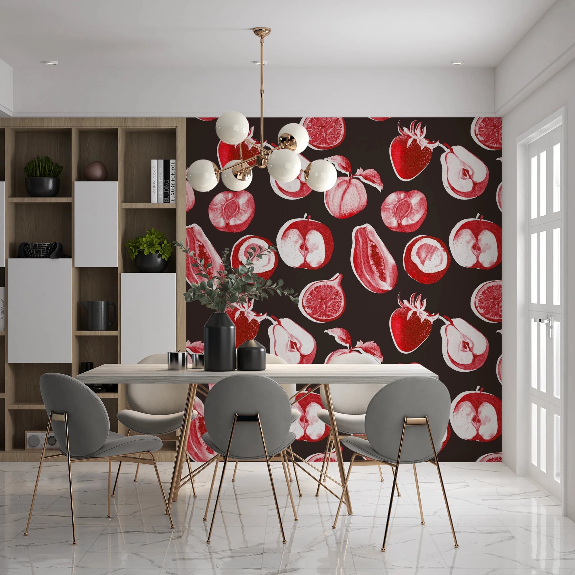Dining room with Ruby Retro Fruit wall mural and vintage harvest fruit, GD8809