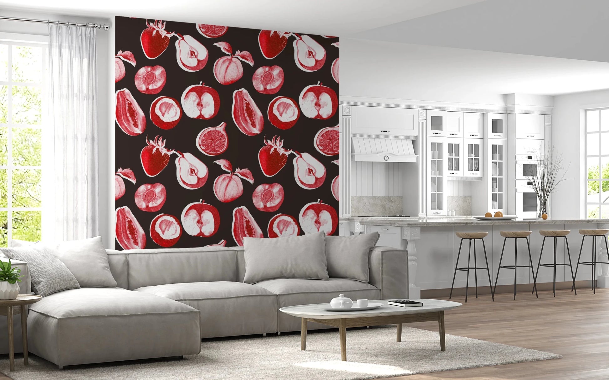 Vintage fruit wall mural with bold ruby produce on a chocolate base
