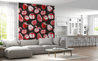 Vintage fruit wall mural with bold ruby produce on a chocolate base