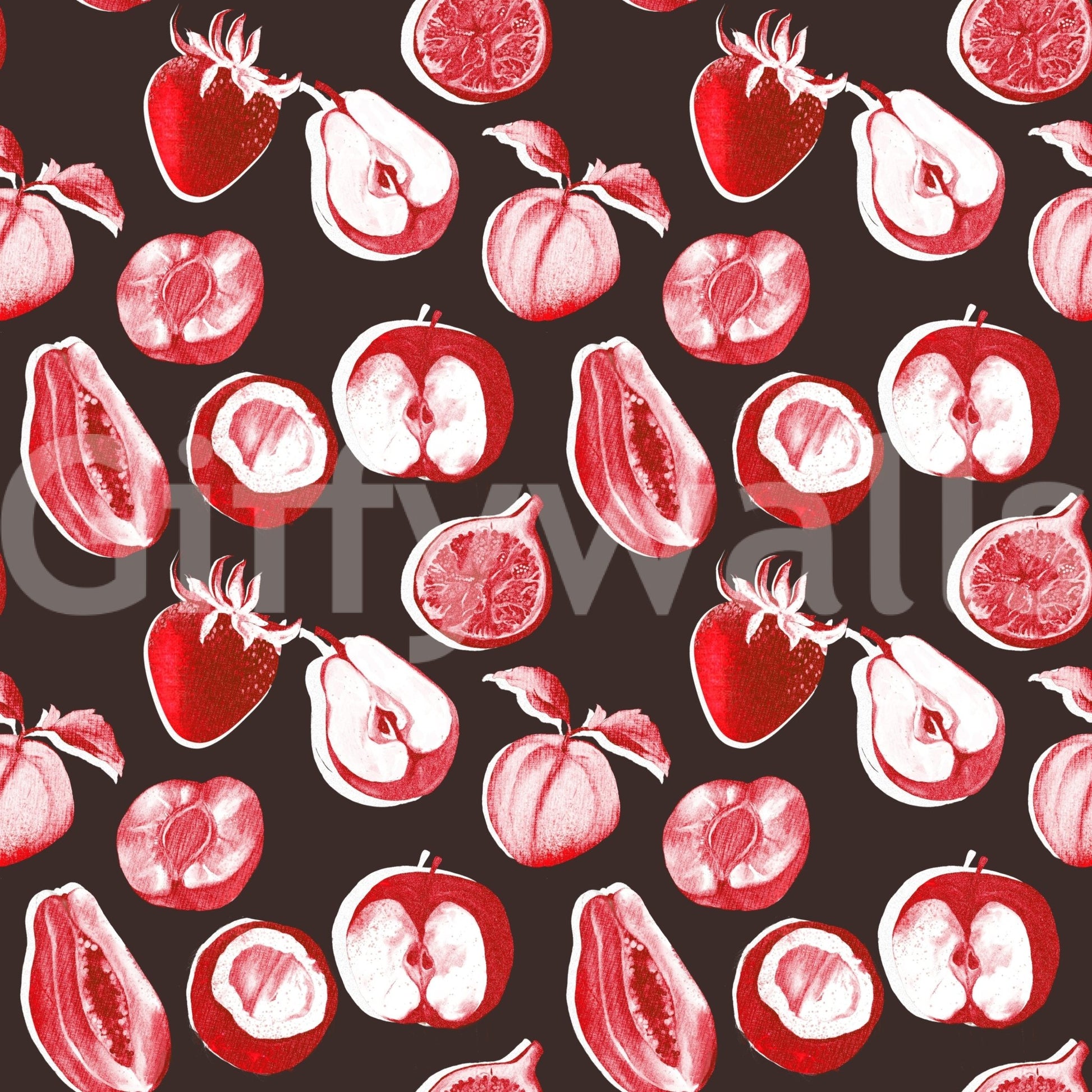 Decorative fruit wall mural in ruby tones with retro botanical detail