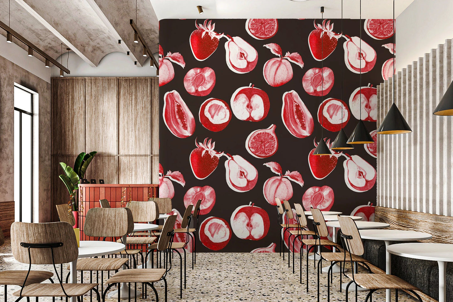 Dark Fruit Harvest wall mural with ruby red vintage fruit pattern