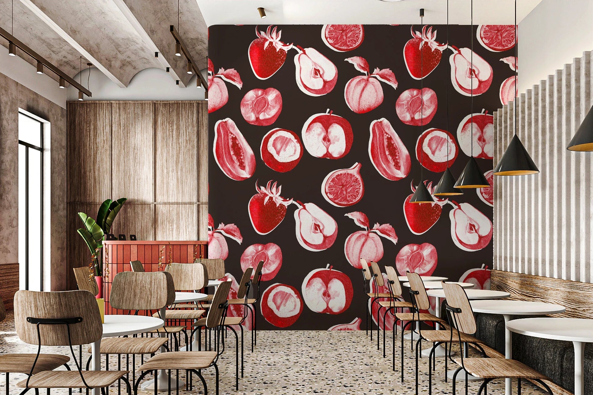 Dark Fruit Harvest wall mural with ruby red vintage fruit pattern