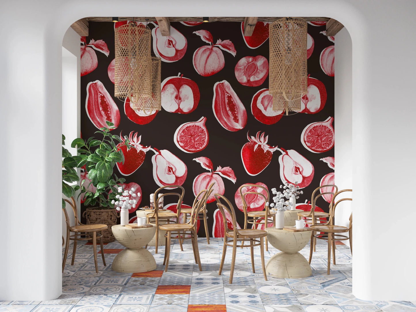Cafe area styled in Fruit Harvest wall mural with ruby fruit illustrations