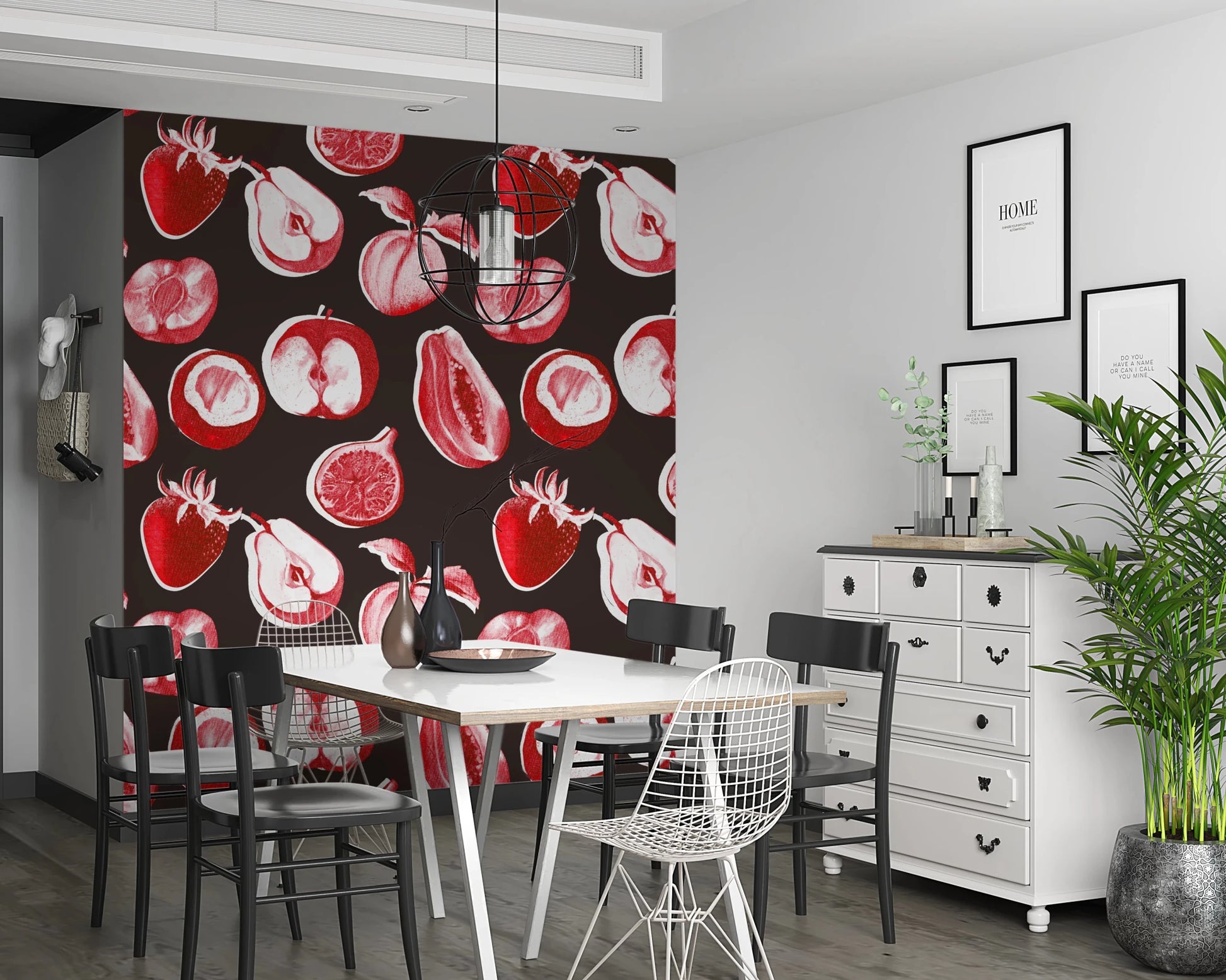 Ruby Retro wall mural showing apples citrus figs and berry motifs