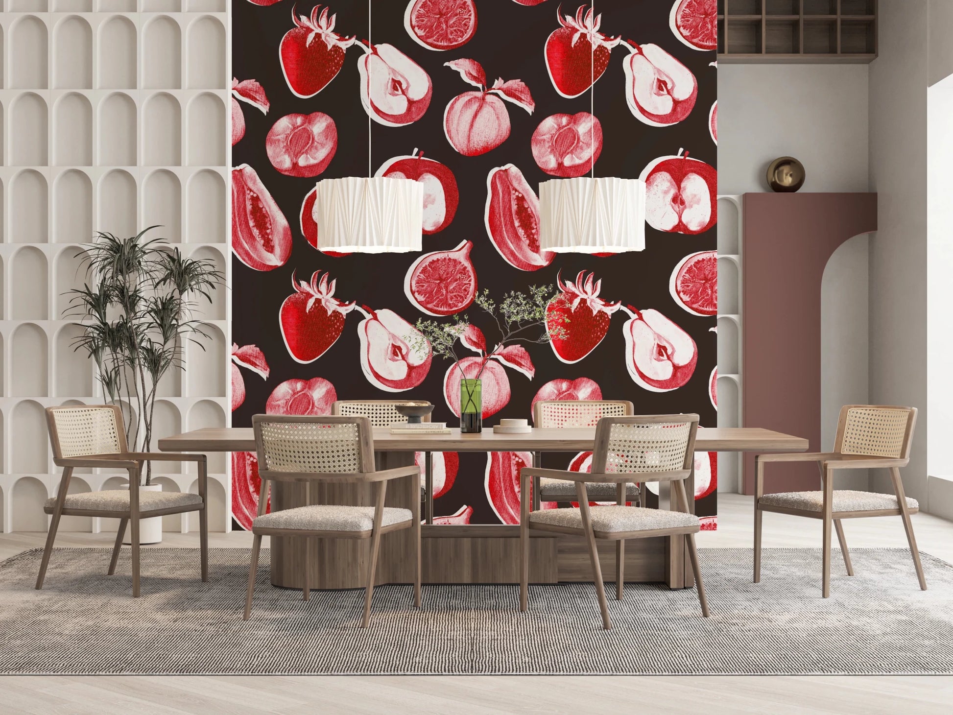 Dining area featuring Ruby Retro wall mural with apples pears and citrus