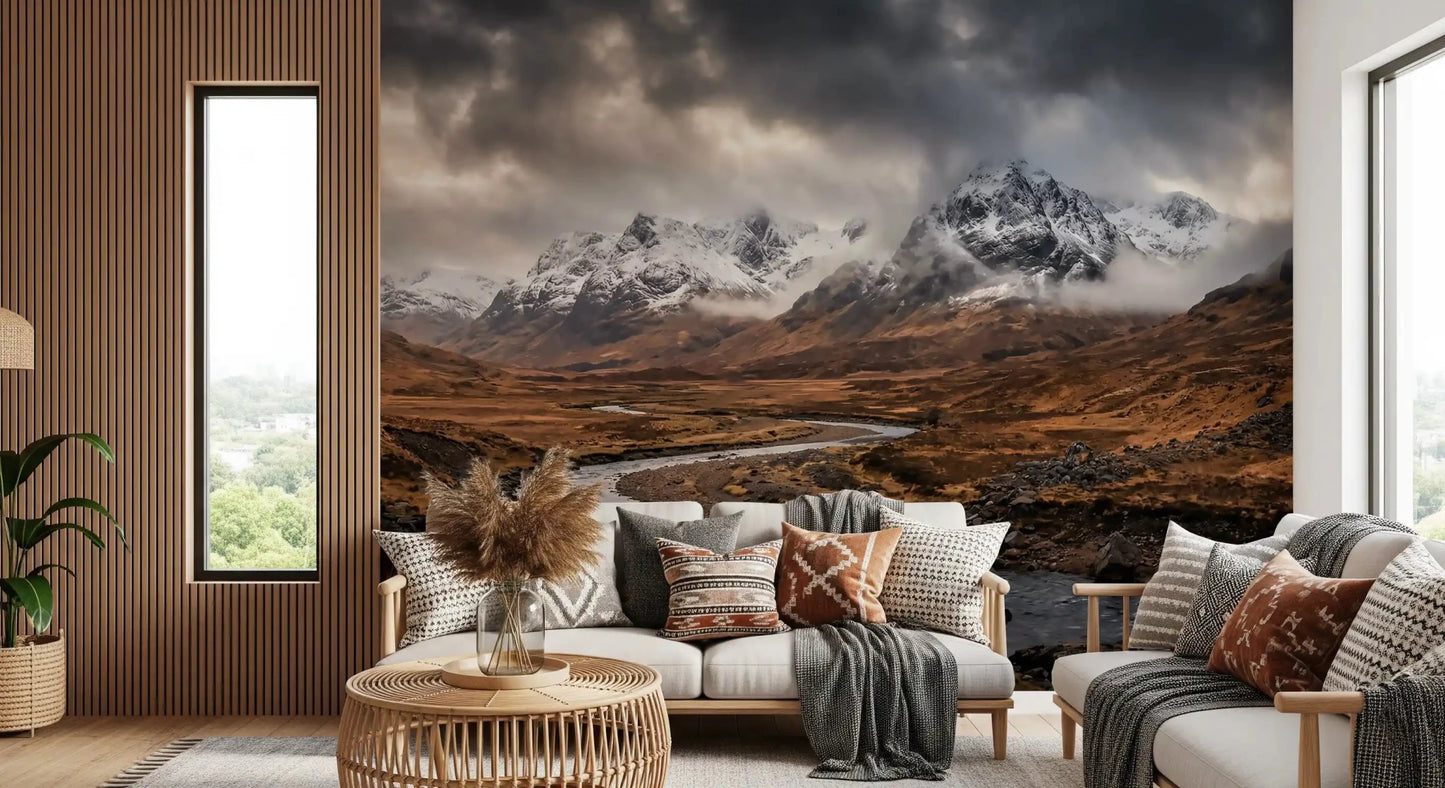 Misty slopes settle into a Living room with Mountain Flow wall mural.GD9534