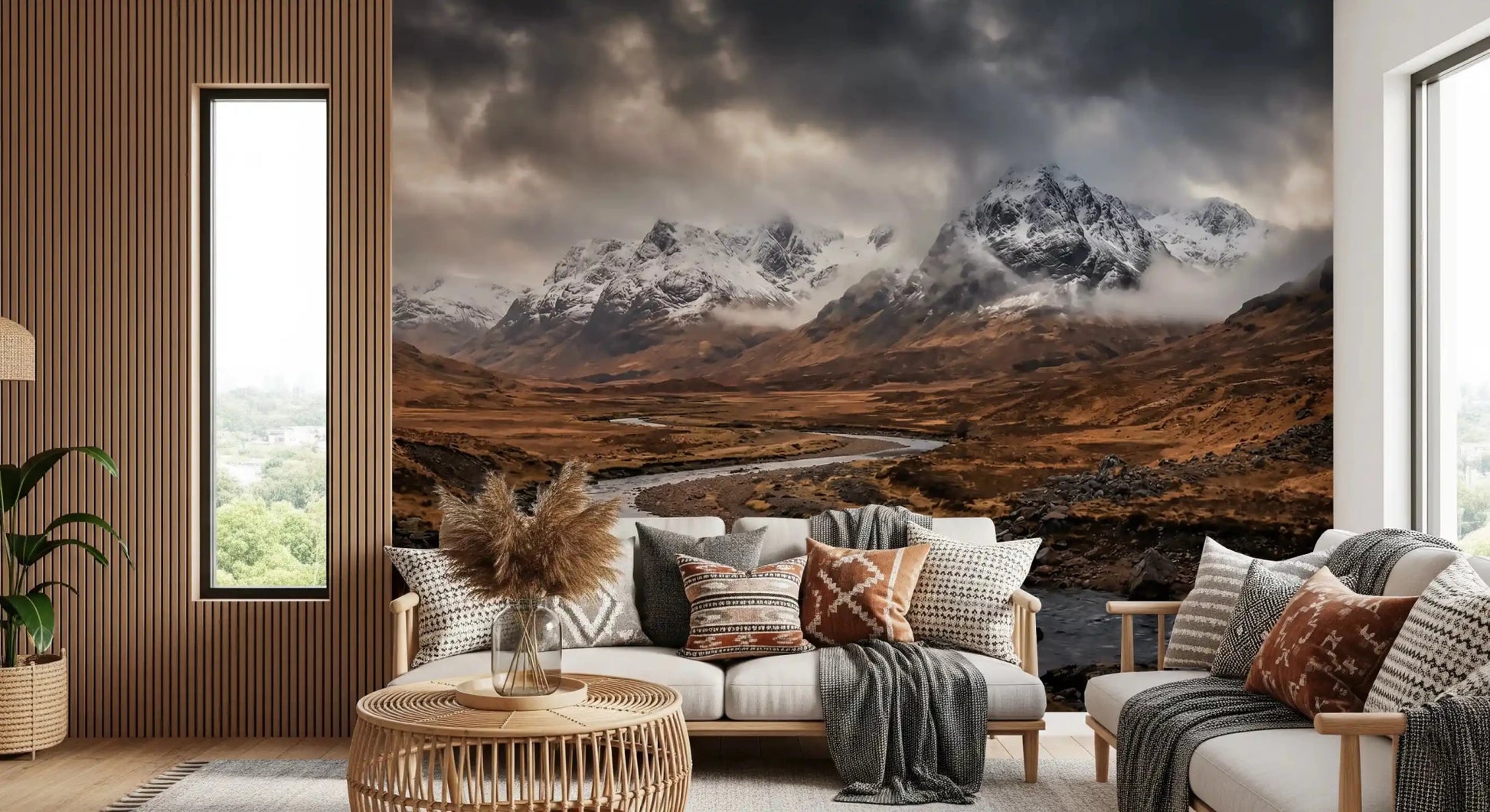 Misty slopes settle into a Living room with Mountain Flow wall mural.GD9534