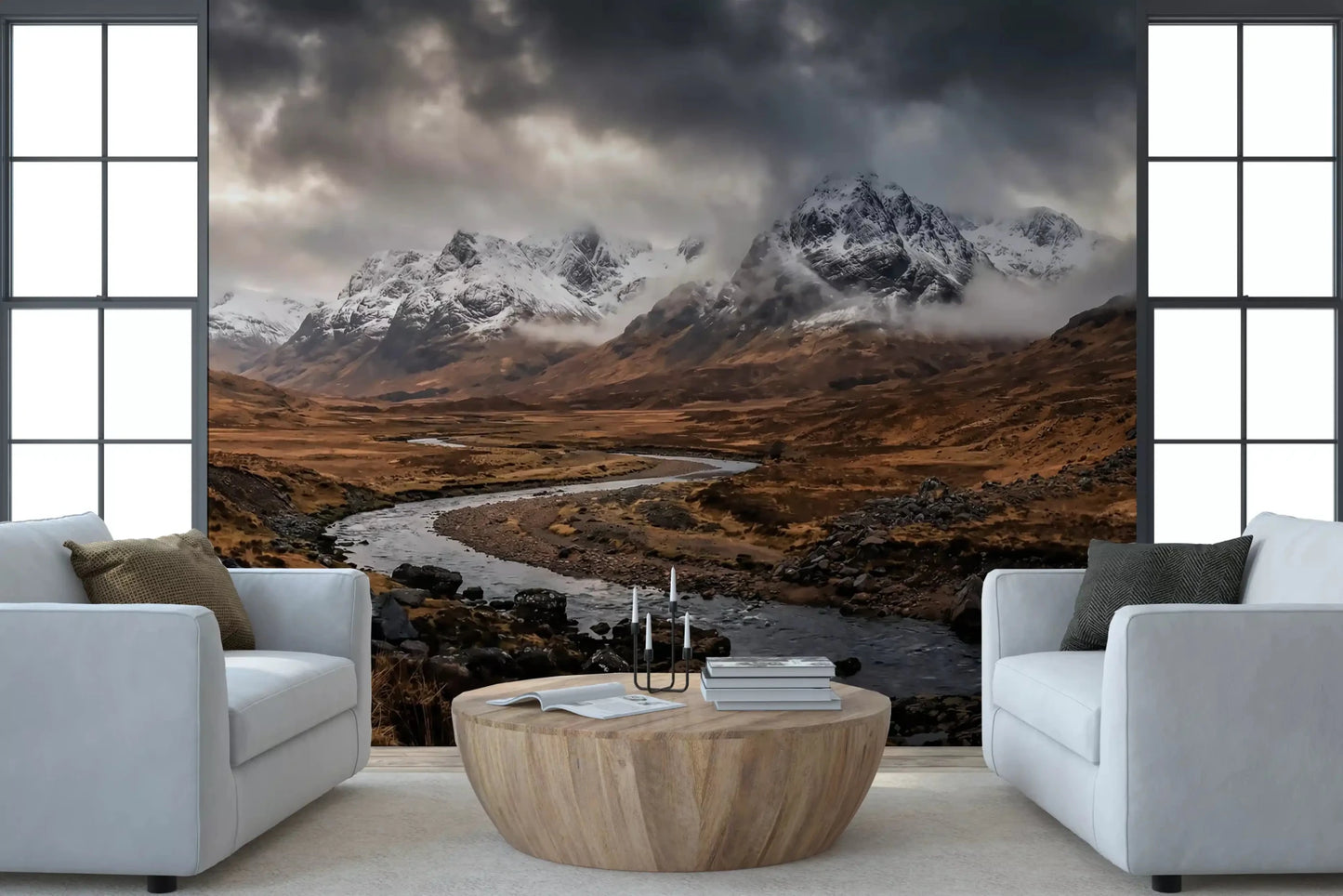 Moody alpine views shape a family room with Rugged Mountain wall mural.
GD9534