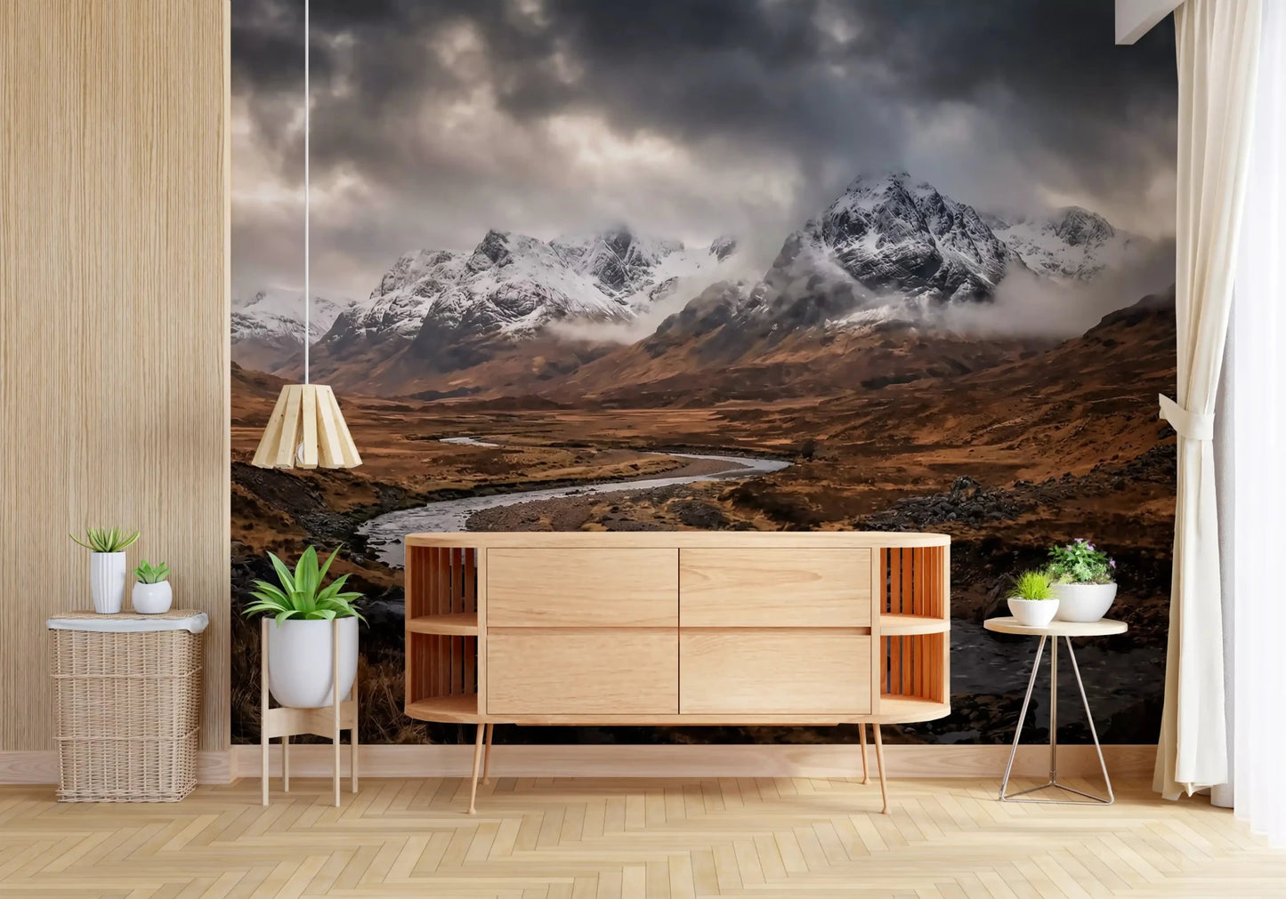 Snow-tipped summits emerge from drifting clouds in Rugged Mountain Flow wall mural.GD9534