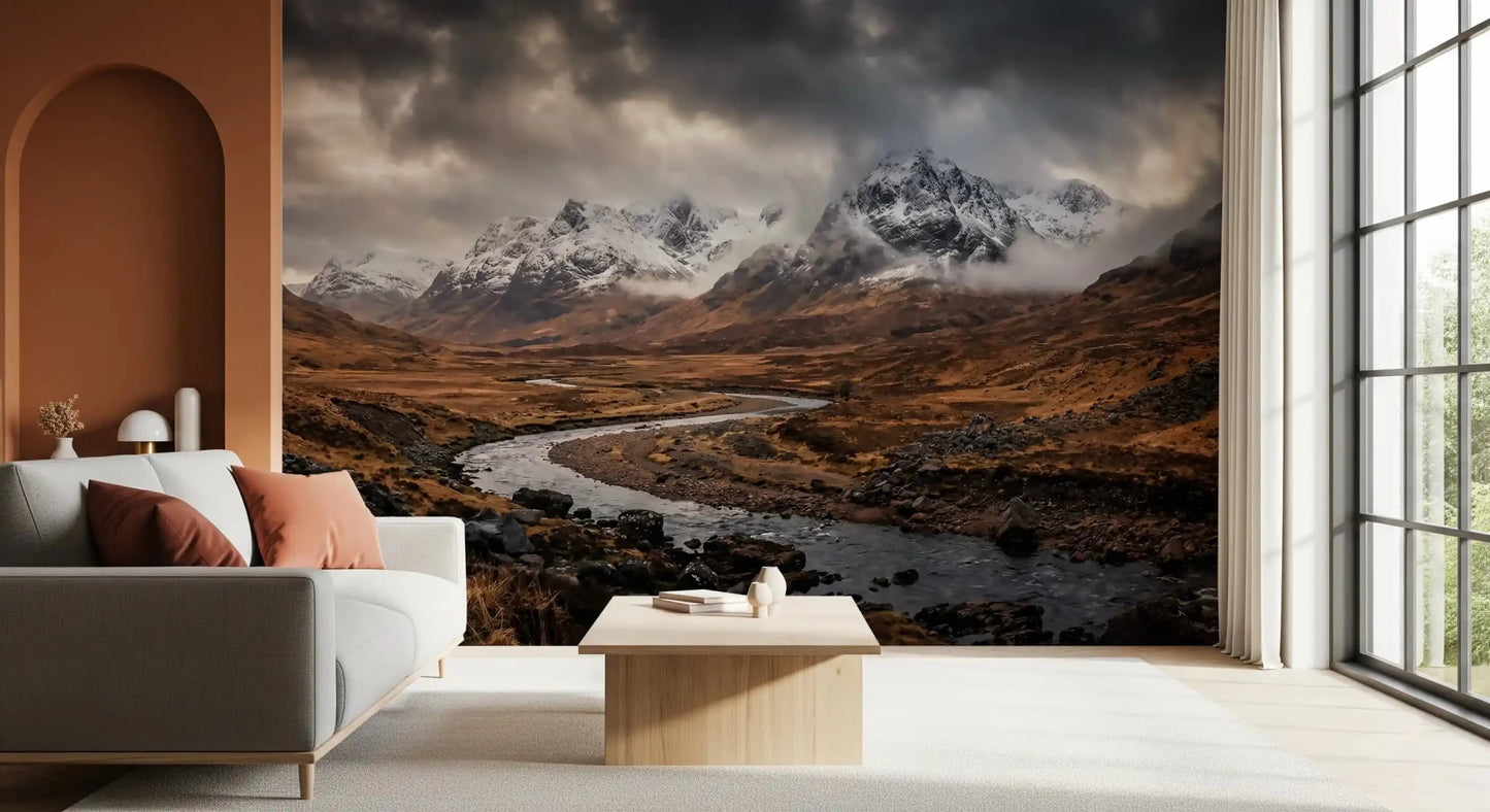 Curving river threads the rust-toned valley of Rugged Mountain Flow wall mural.GD9534