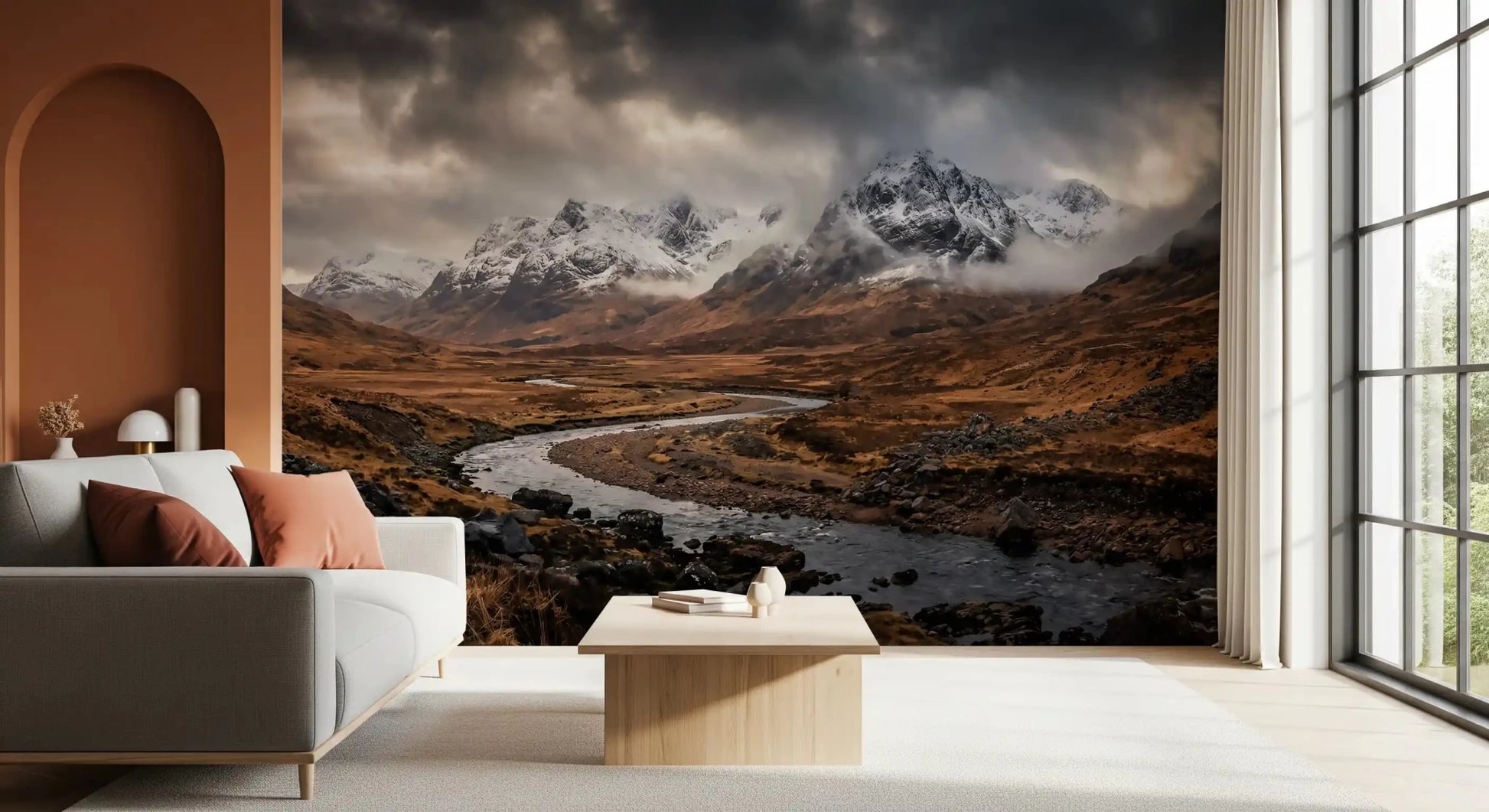 Curving river threads the rust-toned valley of Rugged Mountain Flow wall mural.GD9534