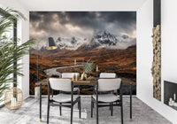 River curves trace a dining room behind Rugged Mountain wall mural.GD9534