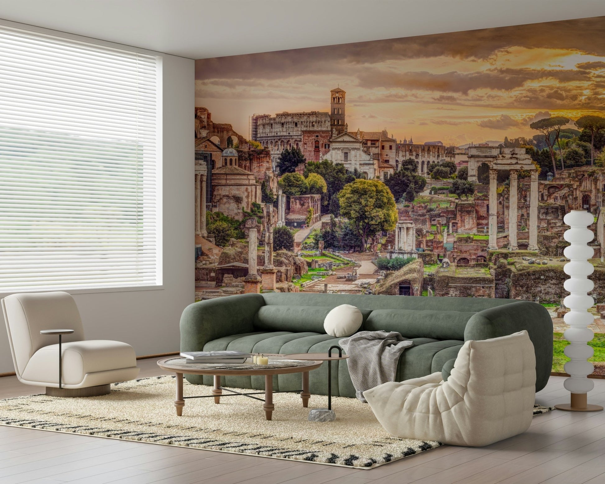 Roman Forum wall mural featuring stone pillars and arches in a bedroom.