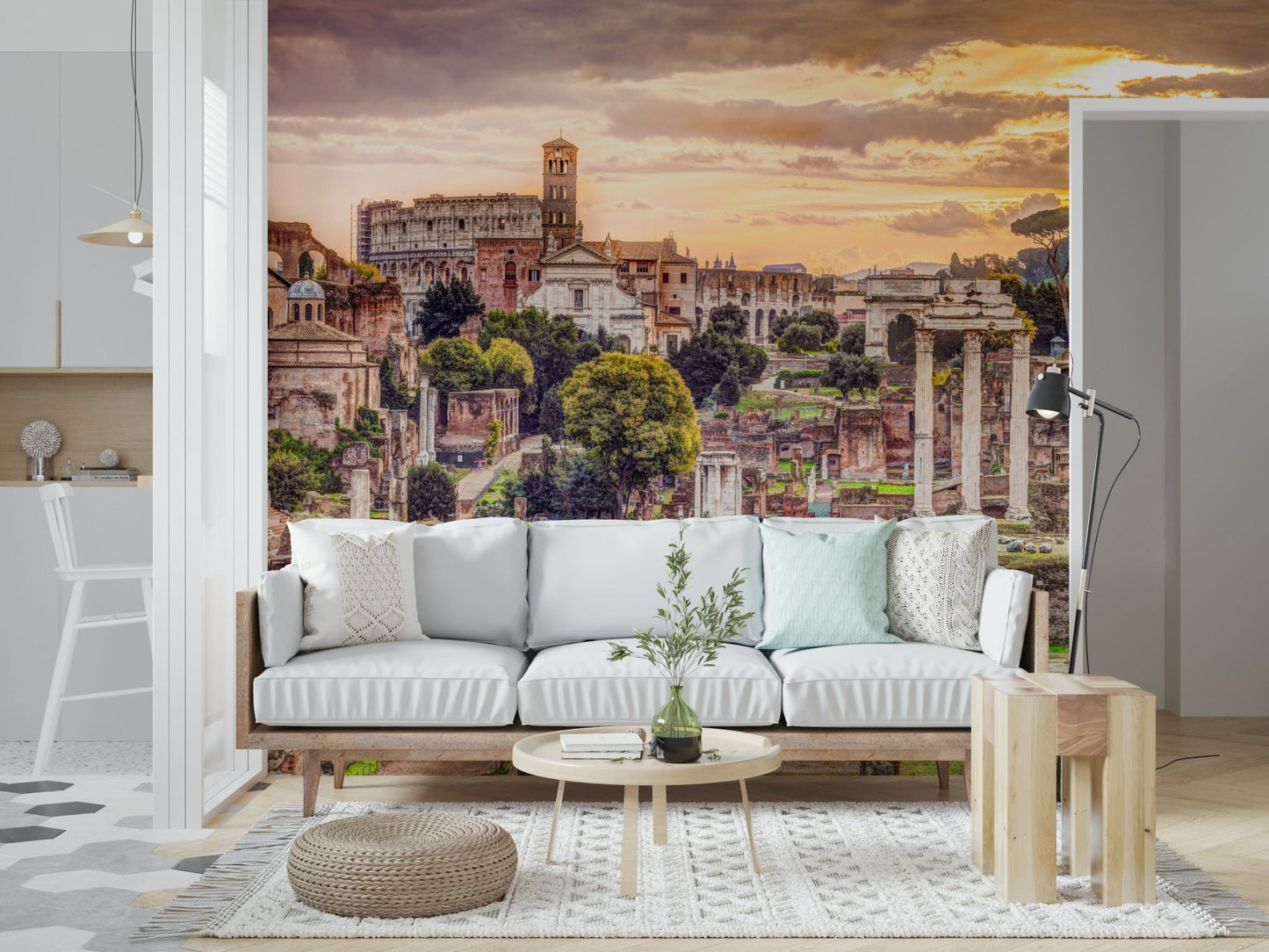 Cinematic Roman ruins wallpaper for a minimalist apartment lounge.